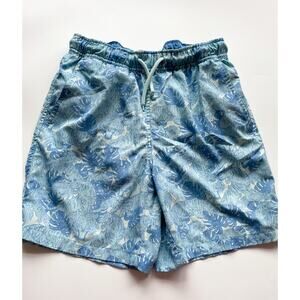 Boy's Peter Millar Blue and White Tropical Leaf Print Swim Trunks Size 11-12